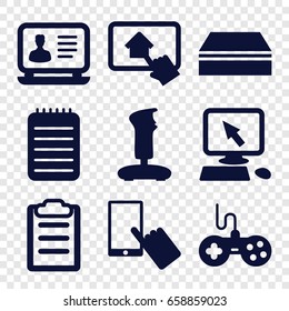 Pad icons set. set of 9 pad filled icons such as joystick, pointer on display, finger on display, sponge, laptop, notebook, clipboard