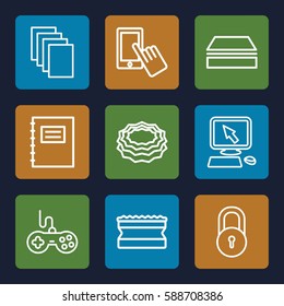 pad icons set. Set of 9 pad outline icons such as lock, joystick, pointer on display, finger on display, sponge, paper