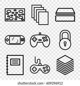 Pad icons set. set of 9 pad outline icons such as lock, joystick, sponge, paper, portable game console