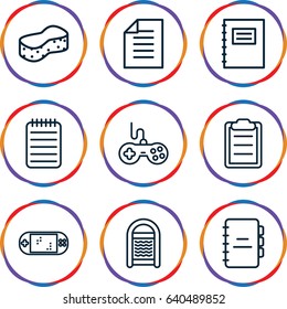 Pad icons set. set of 9 pad outline icons such as joystick, sponge, notebook, clipboard, paper, portable game console