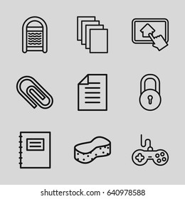 Pad icons set. set of 9 pad outline icons such as lock, joystick, sponge, paper, home on tablet, notepad