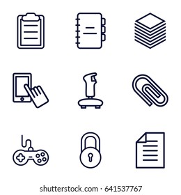 Pad icons set. set of 9 pad outline icons such as lock, joystick, finger on display, clipboard, paper, notebook