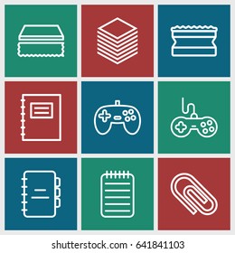 Pad icons set. set of 9 pad outline icons such as joystick, sponge, notebook, paper, notepad