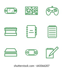 Pad icons set. set of 9 pad outline icons such as sponge, portable console, notebook, portable game console