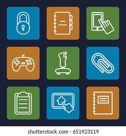 Pad icons set. set of 9 pad outline icons such as lock, finger on display, clipboard, home on tablet, notebook, notepad, clip