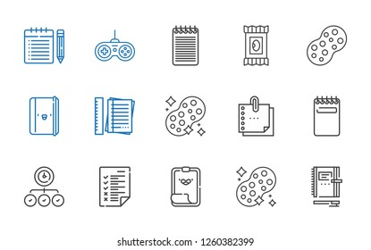 pad icons set. Collection of pad with notebook, sponge, paper clip, tasks, task, notepad, sticky note, notes, makeup remover wipes, gamepad, note. Editable and scalable pad icons.