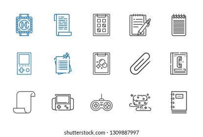 pad icons set. Collection of pad with notebook, sponge, gamepad, video games, paper, phone book, clip, tasks, notes, console, notepad, heliport. Editable and scalable pad icons.