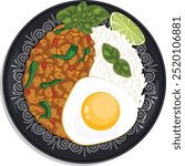 Pad Kra Pao Plate Top View. Thai Holy Basil Stir Fry with Ground Chicken, Steamed Rice, Fried Egg and Lime. Asian Cuisine Vector Art 