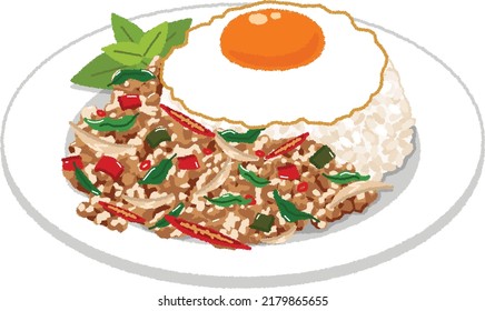 Pad krapow is one of the most popular Thai dishes. Meat such as pork, chicken and beef, or seafood is fried with gapao and garlic. Served with white rice and fried egg.