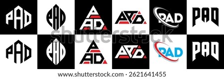 PAD letter logo design in six style. PAD polygon, circle, triangle, hexagon, flat and simple style with black and white color variation letter logo set in one artbPArd. PAD minimalist and classic logo