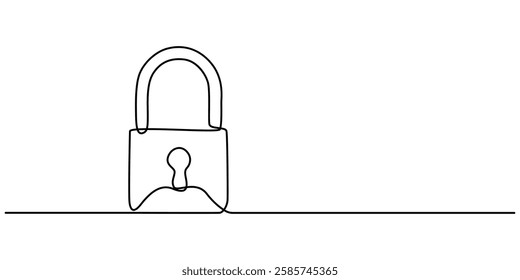 Pad lock Continuous one line drawing illustration, Continuous one line drawing of a padlock. Security concept vector illustration, metal padlock. Padlock security sign symbol vector illustration, pro.