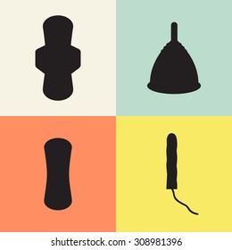 Pad, menstrual cup and tampon set. Image isolated on blue, yellow, white background. Vector illustration
