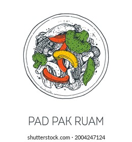 Pad Pak Ruam, thai food. Hand drawn vector illustration. Sketch style. Top view. Vintage vector illustration.