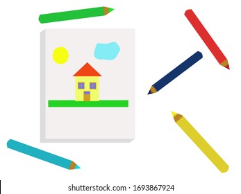 A pad of paper. Drawing a house with the sun and cloud on the paper and around the laid colored pencils. Children's drawing. Drawing. Vector. Illustrations.