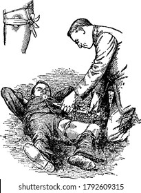 A pad placed on the line of the artery and a strap to go over the pad and around the limb so that, when tightened, will press the pad down upon the artery and interrupt the flow of the blood, vintage