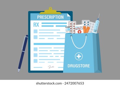 Pad with prescription blank and pen. Prescription form with doctor signature. Shopping bag with medicines and pills. Health care, drugstore, medicine and pharmaceuticals. Flat vector illustration