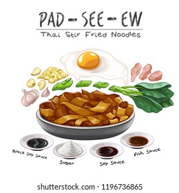 Pad See Ew Thai Stir Fried Noodles street food recipe ingredient vector illustration