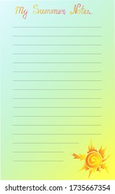 A pad sheet. Nice sunny picture in the bottom.  Summer paper sheet and planner. Vector template.