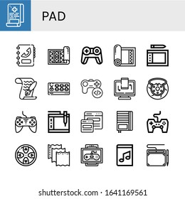 pad simple icons set. Contains such icons as Medical report, Phone book, Carpet, Gamepad, Yoga mat, Drawing tablet, Paper, Joystick, Game, can be used for web, mobile and logo