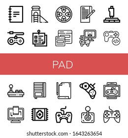pad simple icons set. Contains such icons as Notebook, Game console, Slide, Sticky note, Gamepad, Responsive, Paper, Videogame, Joystick, can be used for web, mobile and logo