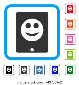 Pad Smile icon. Flat gray iconic symbol inside a blue rounded rectangular frame. Black, gray, green, blue, red, orange color additional versions of Pad Smile vector. Designed for web and app UI.