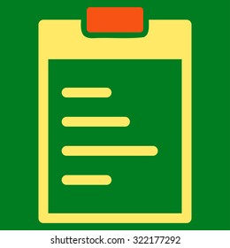 Pad Text vector icon. Style is bicolor flat symbol, orange and yellow colors, rounded angles, green background.