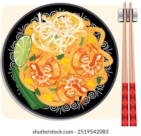 Pad Thai with Chopsticks Top View. Stir-fried Rice Noodles with Shrimps, Scrambled Eggs, Bean Sprouts, Crushed Peanuts and Garnished with Lime Wedge and Parsley. Thai Street Food 