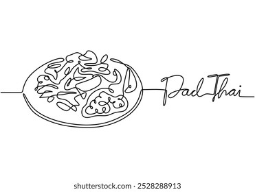 Desenho de linha contínua Pad Thai. Thai Food tradicional e conceito de refeição local. Ilustração de vetor minimalista isolada no fundo branco.