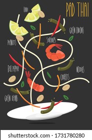 Pad thai. Thai food. Vector illustration