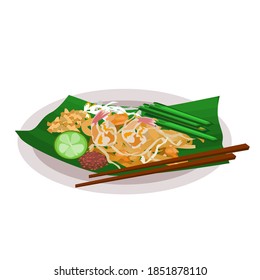 Pad Thai with fresh prawns on banana leaves with chopsticks on the side.Lemon Slice with Chili and Bean Sprouts.Vector illustration isolated on white background.

