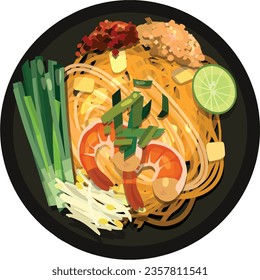 Pad Thai Illustration. Top View Thai Food Illustration Vector. svg