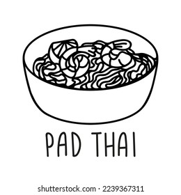 Pad thai noodle bowl in hand drawn doodle style. Asian food for restaurants menu