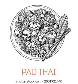 Pad thai noodles, thai food. Hand drawn vector illustration. Sketch style. Top view. Vintage vector illustration.