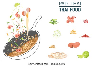 Pad Thai Noodles most popular thai food cooking on pan with ingredient vector