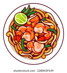 Pad thai noodles recipe illustration vector. Asian pad thai noodles food icon top view. Padthai dried with shrimp or prawn top view cartoon. Thai food menu icon top view vector.