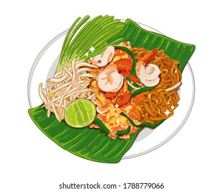 Pad thai or padthai noodle with delicious thai food isolated on white background.