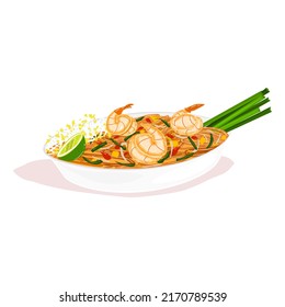 Pad Thai with shrimp. Thai food. Street food. Vector illustration.