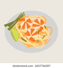 Pad thai shrimp noodle lime chive bean sprout traditional Asian cuisine delicious flat illustration plate food meal lunch dinner garnish vegetable egg stir fried sweet savory tangy protein seafood