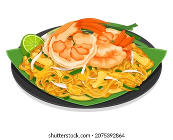 Pad Thai Shrimp Noodles Recipe. (Thai Street Food Noodles) Illustration Vector.