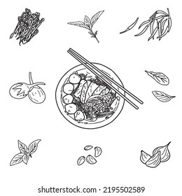 Pad Thai stir-fried rice noodle local Thailand food, hand draw sketch vector. With chopstick and ingredients or raw material  set. Flat cartoon by Vector illustration isolate on white. 