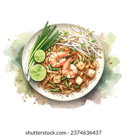 Pad Thai street food vector illustration watercolor style 