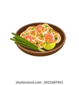 Pad Thai traditional Thai noodle vector illustration. Thai food with prawns.