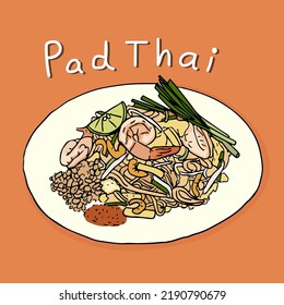 Pad Thai or Traditional Stir Fried Noodles with Shrimps, Vector on orange background