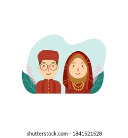 padang indonesia wedding couple bride groom traditional clothes cartoon vector illustration