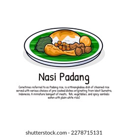Arroz de Padang completo plato lateral con la famosa comida tradicional indonesia de rendang