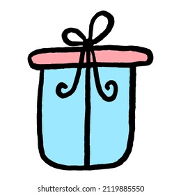 Padara box, With a bow. isolated. Gift, surprise. Design elements for stickers, postcards, banners. Pink and blue color, black lining. Simple modern style. Doodle. Vector illustration.