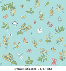 Padauk national flower of Myanmar with butterflies cartoon doodle vector seamless pattern.