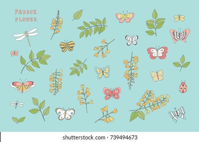 Padauk national flower of Myanmar with butterflies cartoon doodle vector seamless pattern.