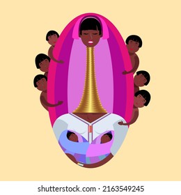 Padaung woman with copper rings around her long neck. Mother and her children. Vector illustration of motherhood. Mother's Day, peoples of the world