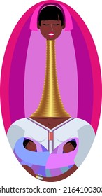 Padaung woman with copper rings around her long neck and two children in her arms. Vector illustration of motherhood. Mother's Day, peoples of the world